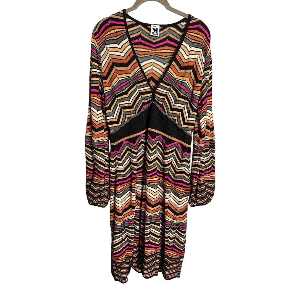 Missoni Size 48 Merino Wool Blend Zigzag Knit V-Neck‎ Dress Long Balloon Sleeve